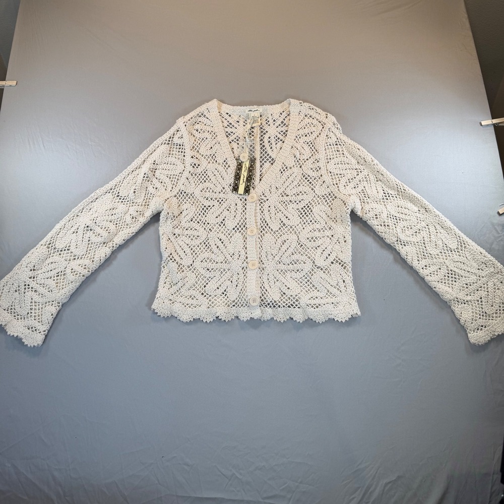 Cream Floral Crochet Cotton Cardigan Sweater M NEW Boho Cottagecore Romantic